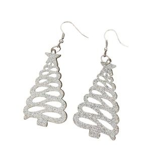 Leather Silver Glitter Christmas Tree Drop Earrings